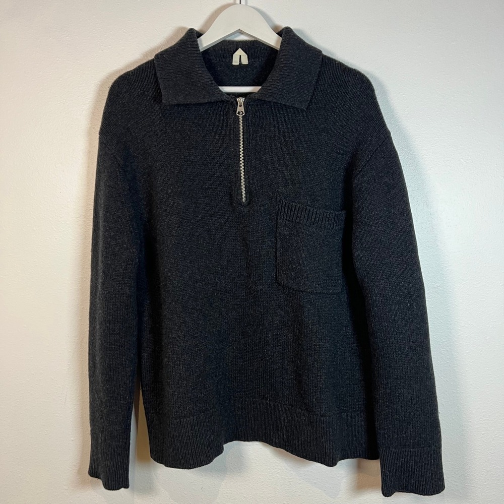 Arket Mens Wool Quarter Zip Sweater Size EU S Dark Gray Knit Pullover Jumper